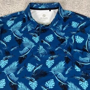 Scales Gear Mens Large Blue Tropical Marlin Tuna Performance Fishing Polo Shirt